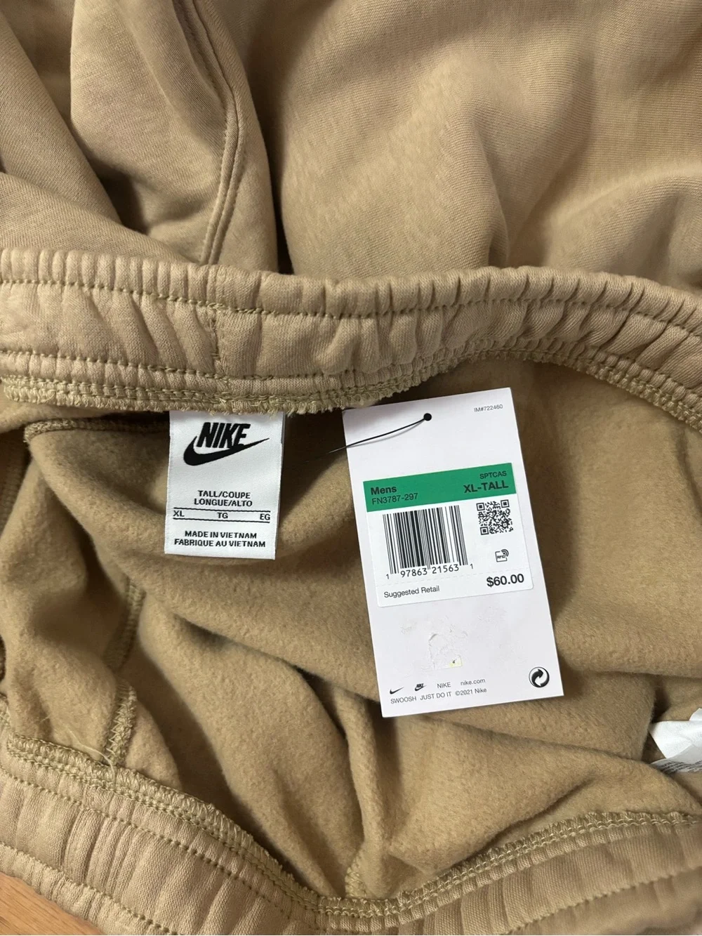 Nike Sportswear Fleece Men's Jogger Pants Tan FN3787-297 Size XL Tall